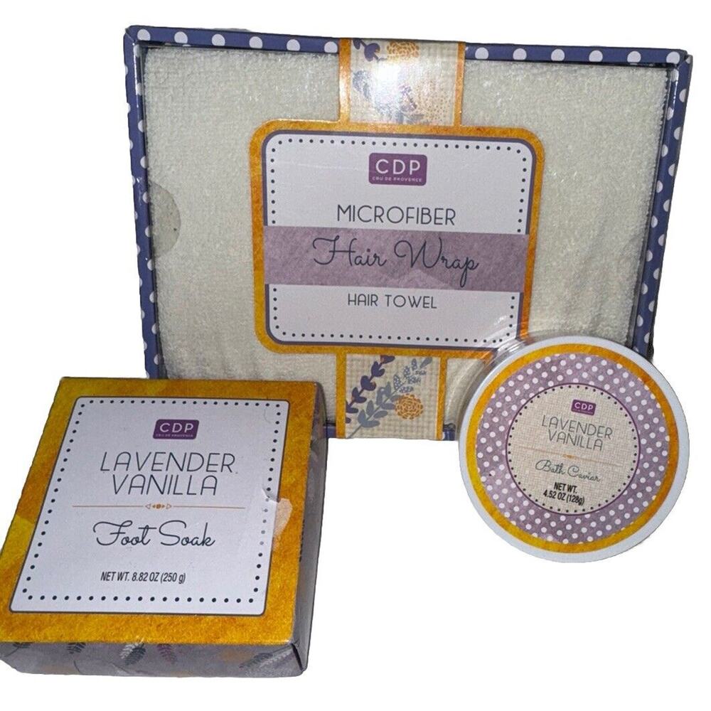 CDP Lavender Vanilla 3 Pcs Gift Set Bath Salts Foot Soak Microfiber Hair Wrap